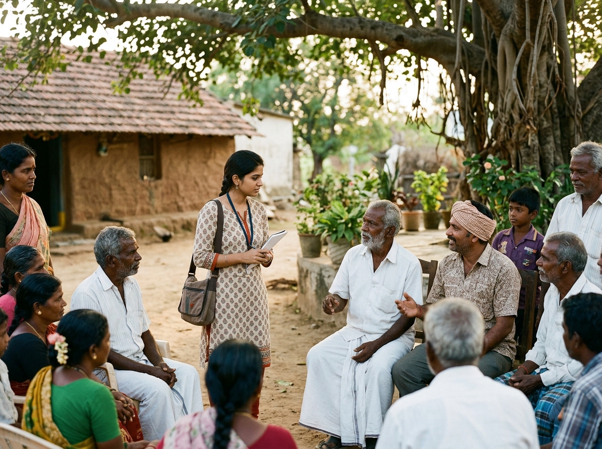 Dignified Indian community members gathered with social worker in natural daylight