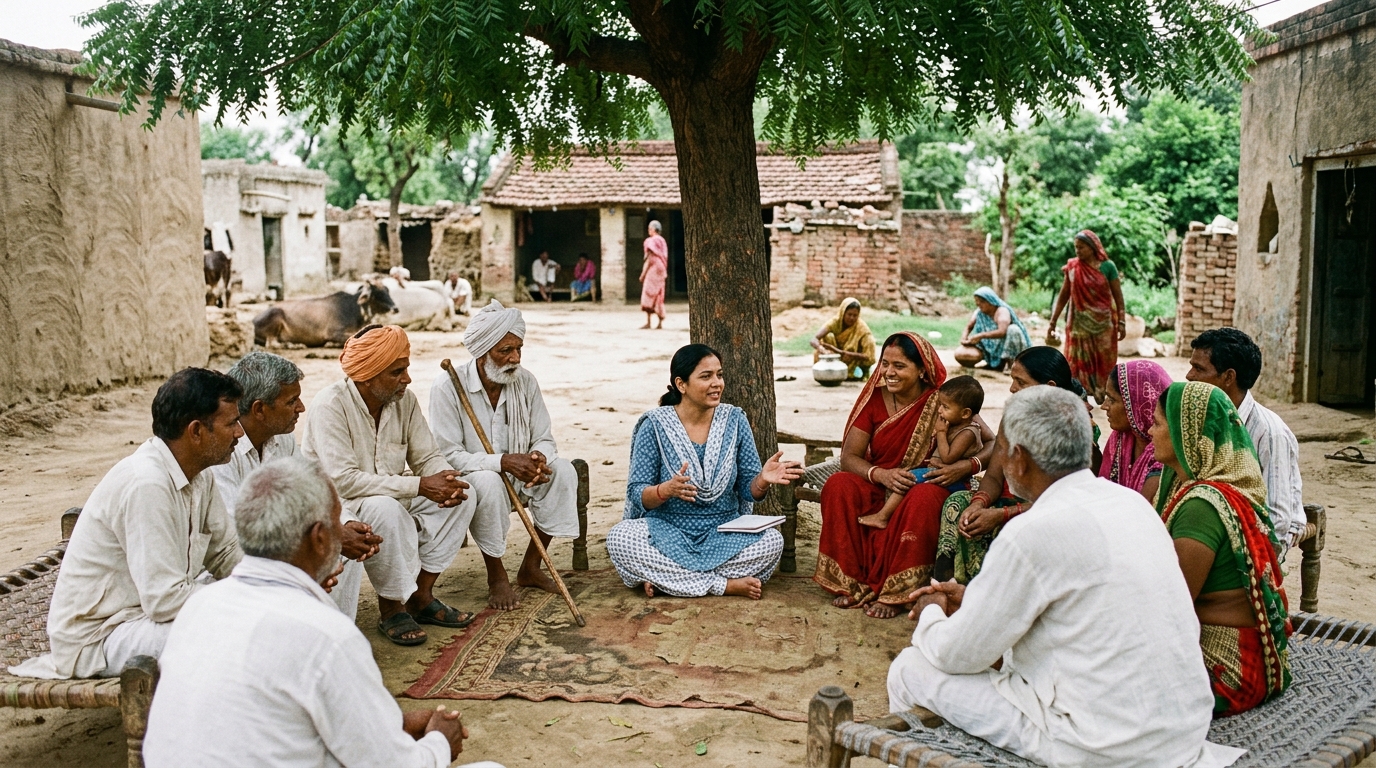 Community facilitator meeting with village residents in rural India to discuss local development initiatives