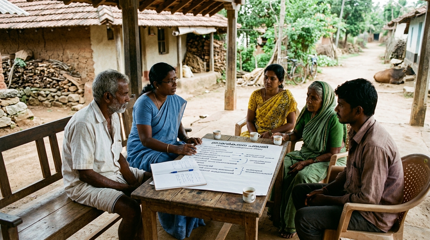 Community development facilitator and village participants engaged in participatory planning and ethical dialogue in rural India
