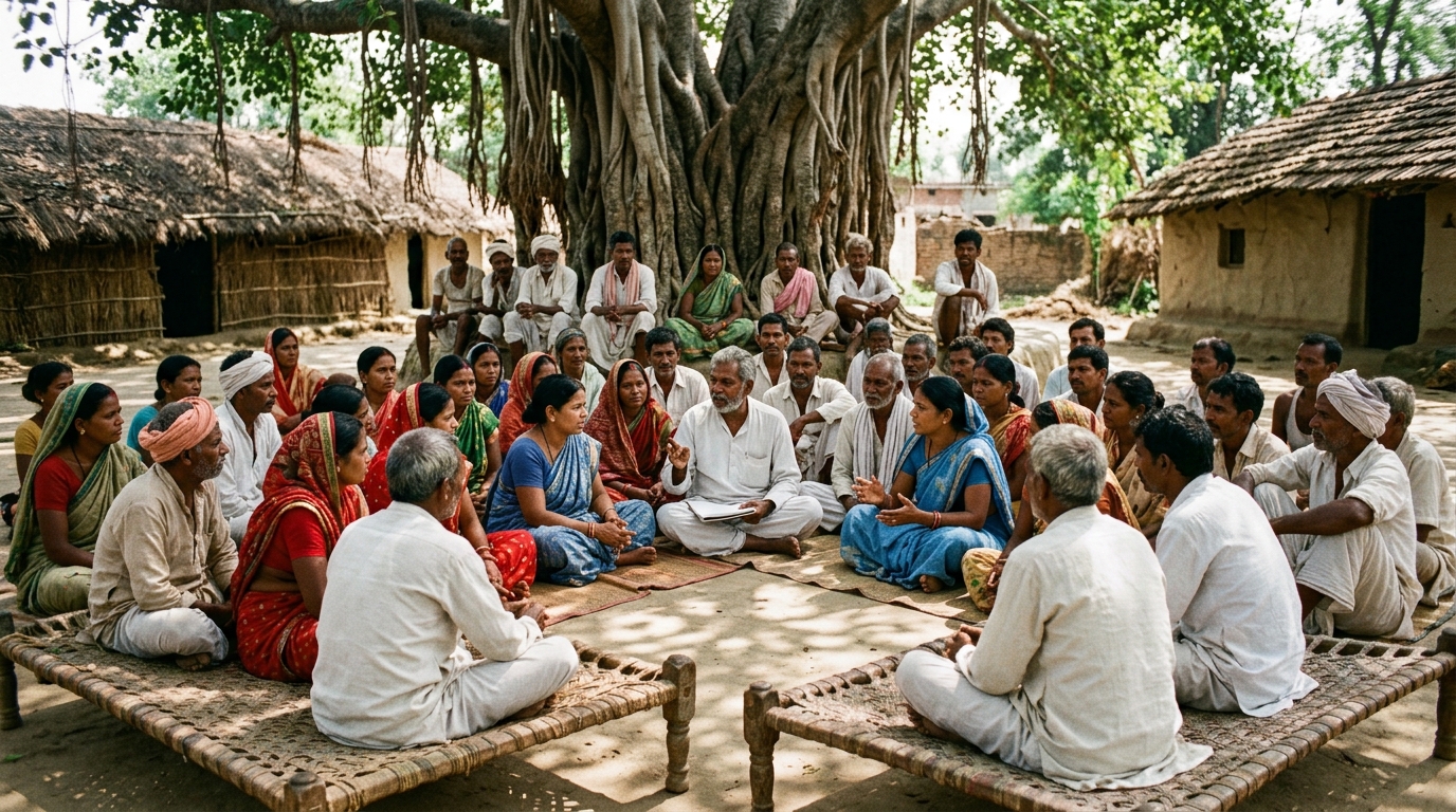 Indian village residents gathered in a participatory community meeting under a banyan tree