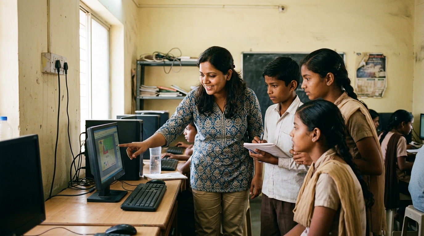 Indian mentor guiding students in practical digital skills and learning at a community center