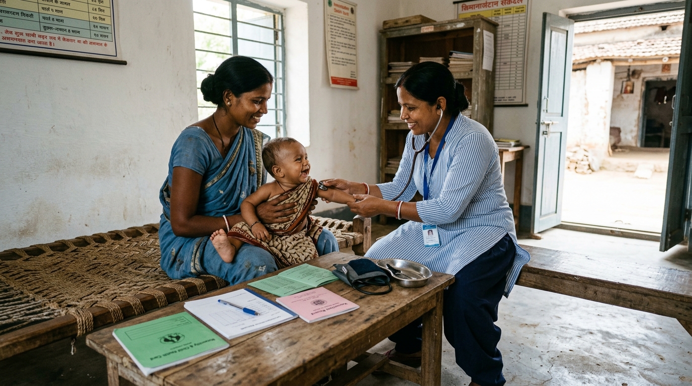 Indian community health worker conducting a gentle preventive checkup for a mother and baby at a rural clinic