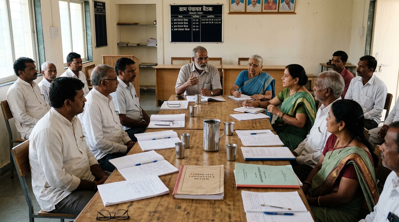 Indian community leadership and advisory members gathered in a meeting room for governance discussion and review