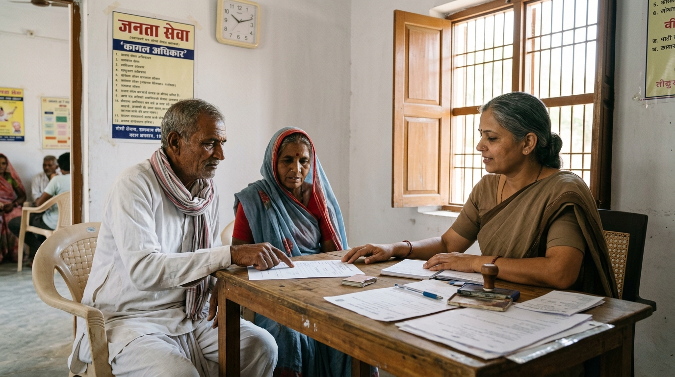 Legal literacy counselor and rural community members reviewing paperwork at an advice center in India
