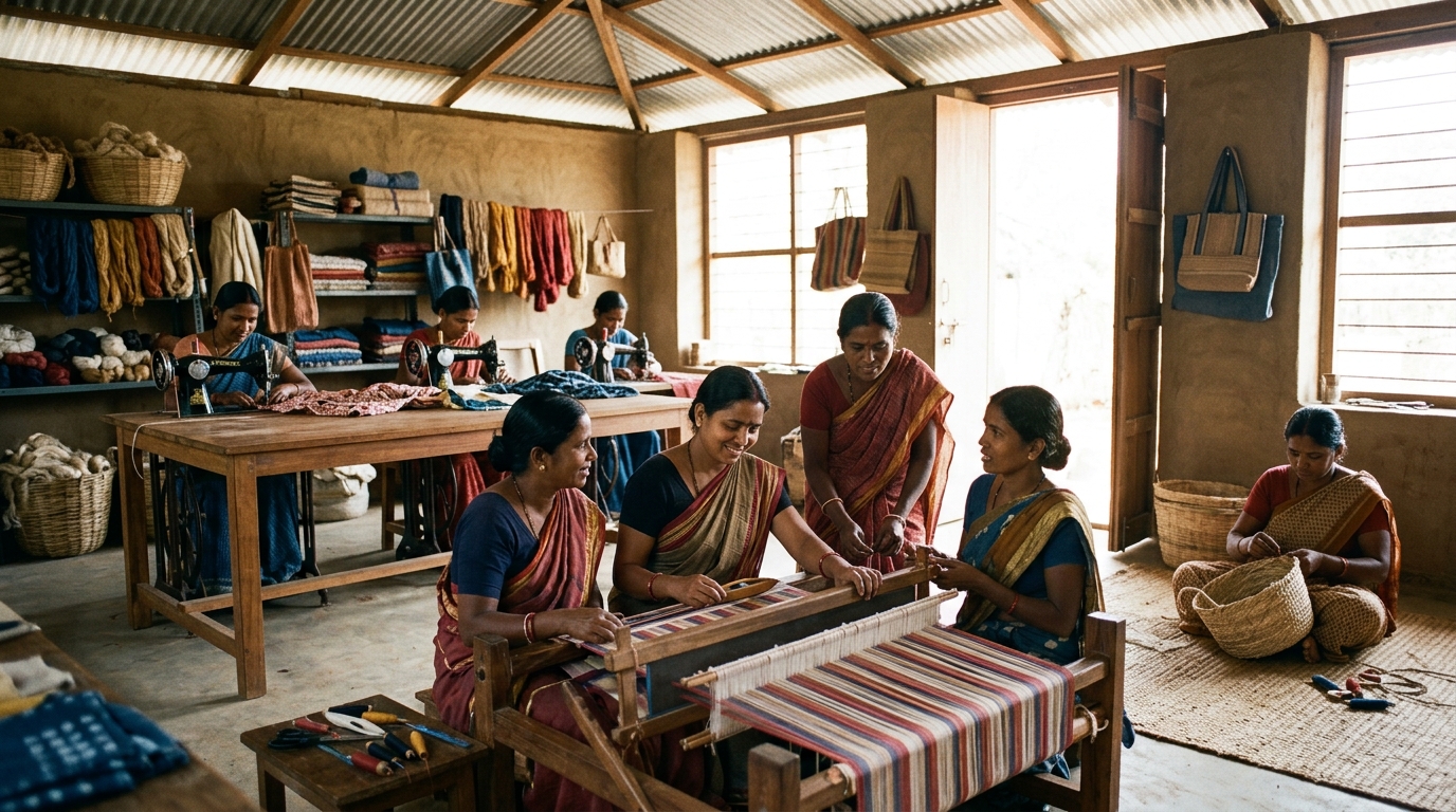 Indian women artisans engaged in handloom weaving and craft production at a rural livelihood center