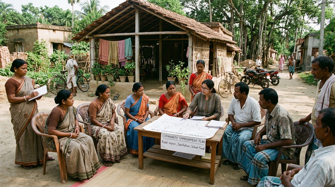 Indian village community members and coordinators discussing community improvement initiatives and local development plans