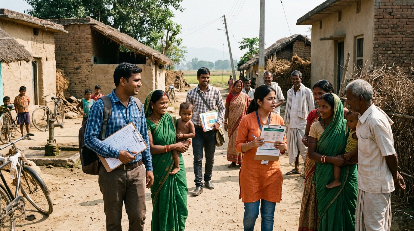Field coordinators and community outreach workers conducting grassroots engagement in an Indian village