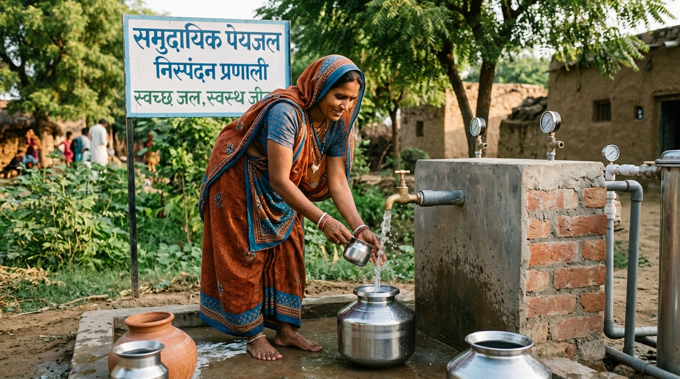 Indian village woman collecting fresh filtered drinking water from a community tap facility in rural India