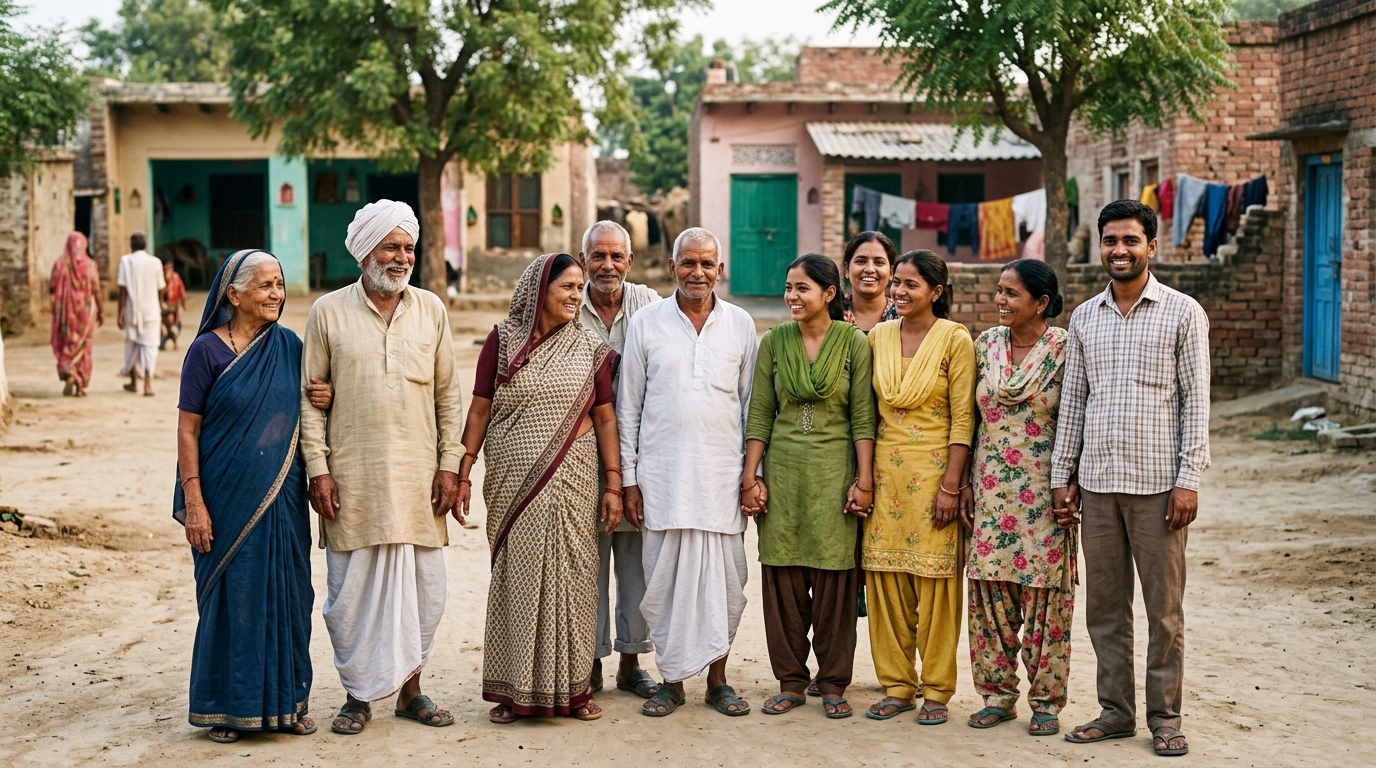 Diverse Indian community members standing together with warmth and solidarity in a rural village setting
