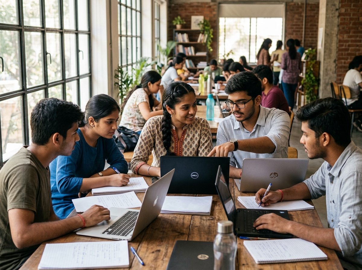 Young Indian students working together on laptops and learning materials